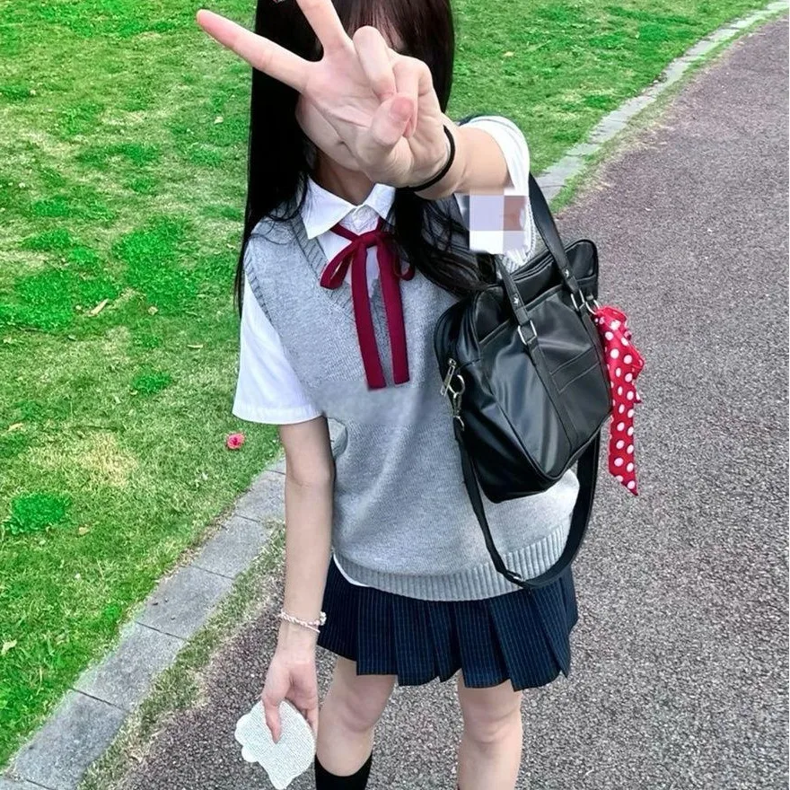 plus Size Women's JK orm Sweater Vest V-Ne ort Sve Overlap Plaid Skirt Set Summer Faion Two-Piece Polyester Blend