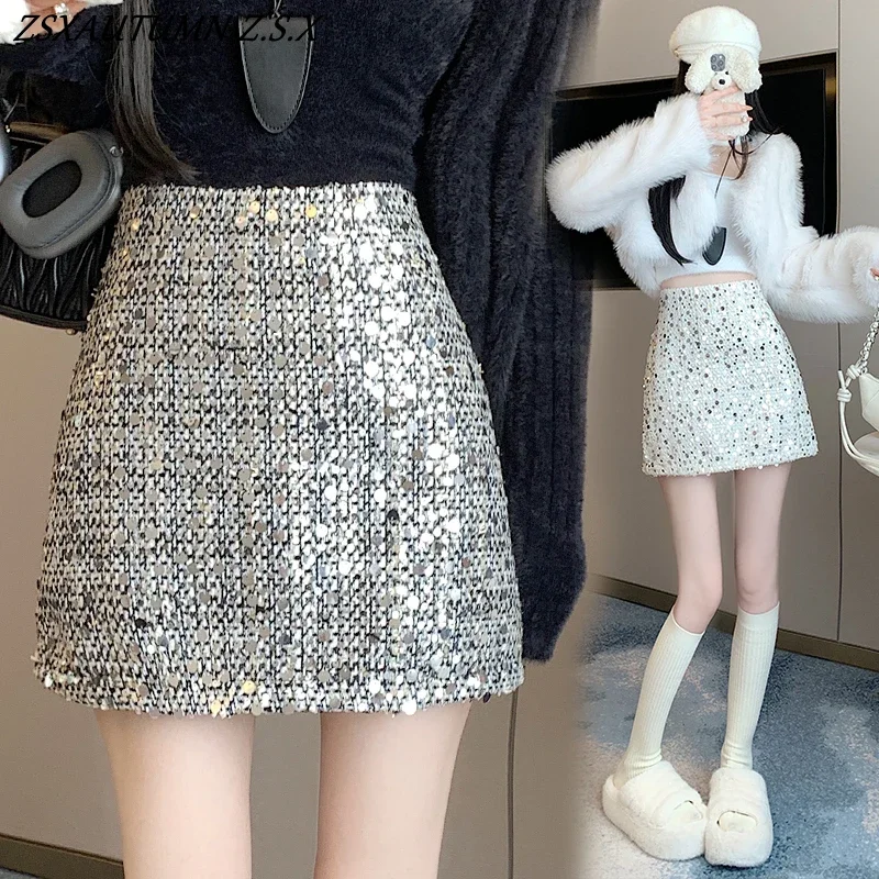 Hepburn Style A-line Skirt Women Sexy Mini High Waist Slim Heavy Sequin Wool Skirt Female Korean All-match Super Fashion