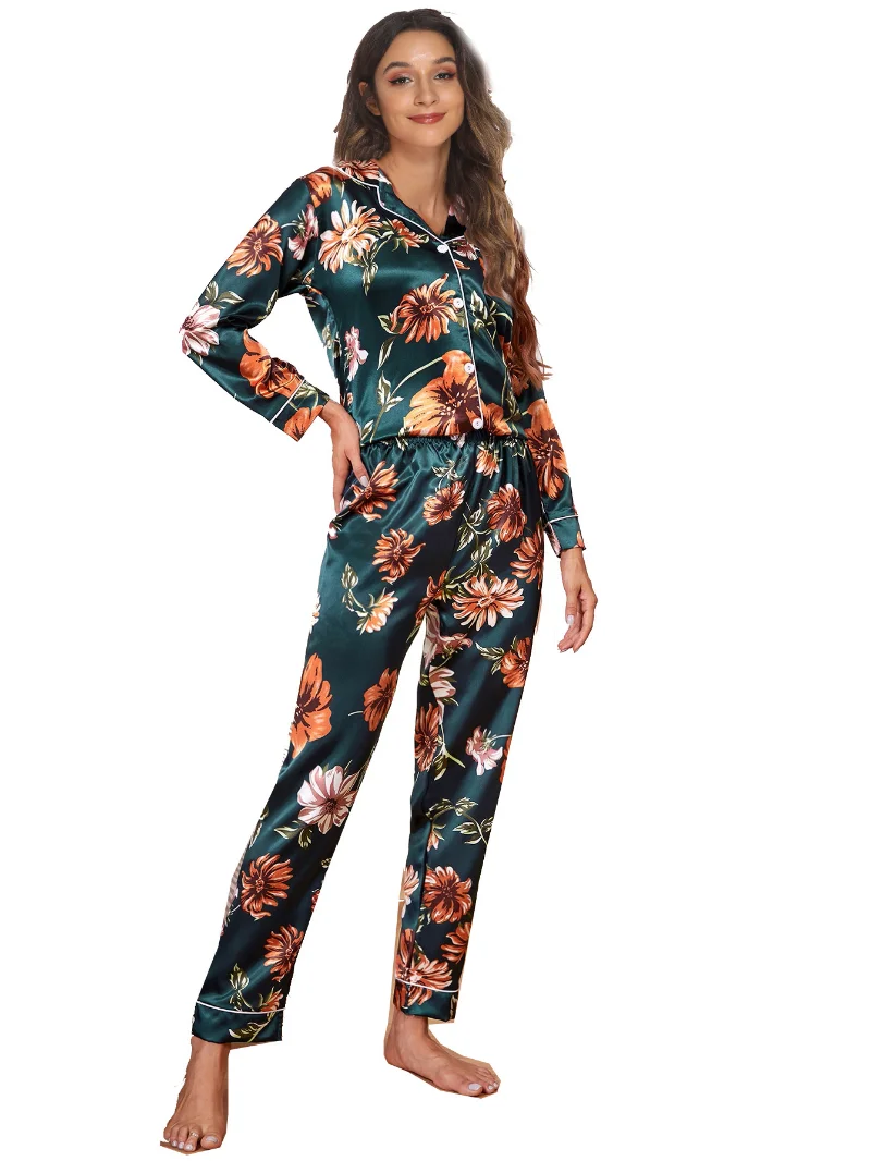 Silk Pajamas Women Flower Cardigan Cute Pajamas for Women Autumn Nightwear Pajama Two Piece Set Satin Silk Pyjamas Loungewear