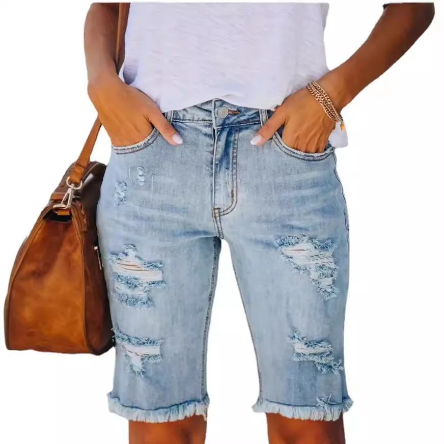 2025 Summer Washed Holes Washed Cotton Women's Denim Shorts Europe and America