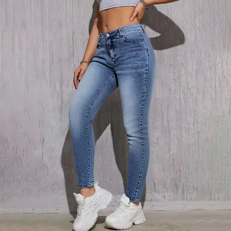

European And American Sle Mid-Waist High-E Stretchy Women's Jeans Comfortable l Waist Denim Pants for Ladies