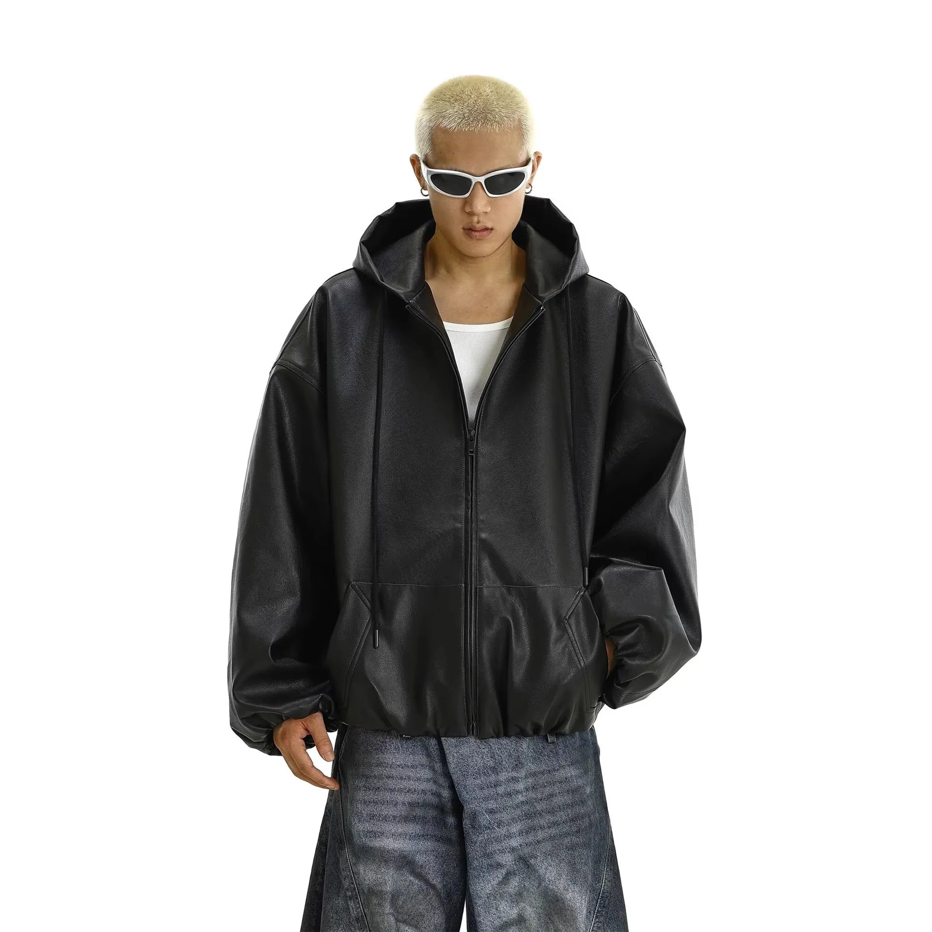 Men Leather Coat Spring Autumn High Street Loose Windproof Male Jacket Simple Solid Color Long Sleeve Hooded Man Outerwear