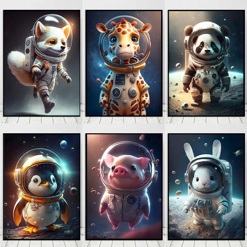 

Cute Funny Astronaut Space Animal Portrait Poster Print Canvas Painting Nordic Wall Art Picture for Kid Bedroom Home Decoration