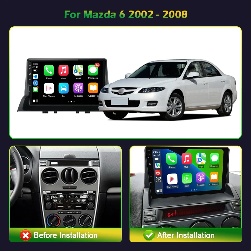 Car Radio Central Multimedia Navigation Android 14 For Mazda 6 2002-2008 Wireless Carplay Stereo Head Unit GPS 2DIN Screen 4G