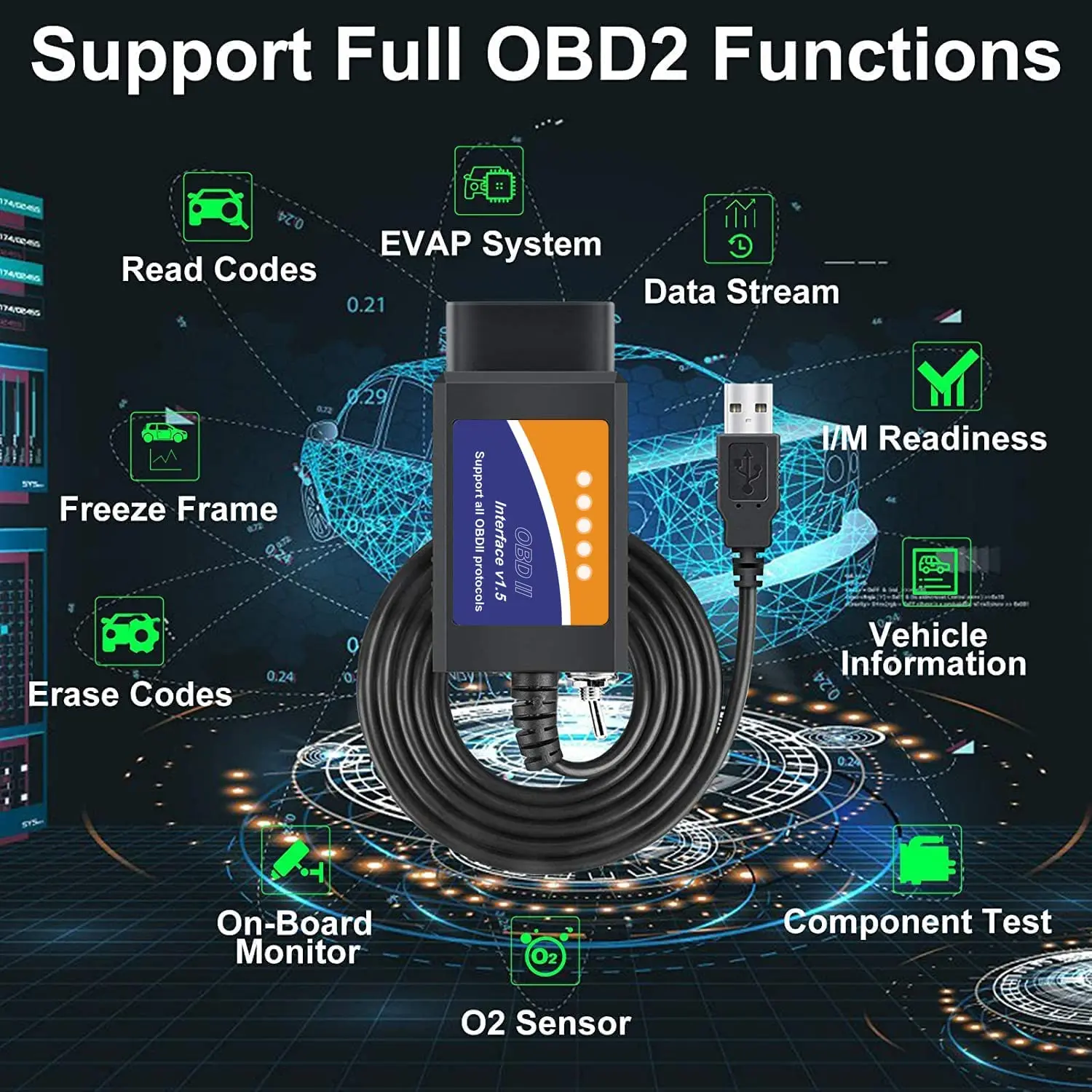 OBDII USB V1.5 Scanner OBD2 Adapter Diagnostic Cable for Multi-Brands CAN-Bus for Windows Car Fault Scanner OBDII