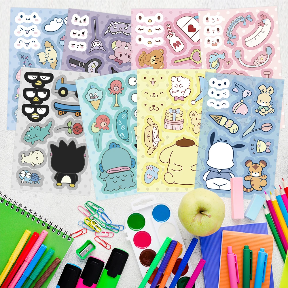 8/16sheets Sanrio Puzzle Stickers Make a Face Children Assemble Jigsaw Cute Kuromi Hello Kitty Decals Kids Birthday Party Gift