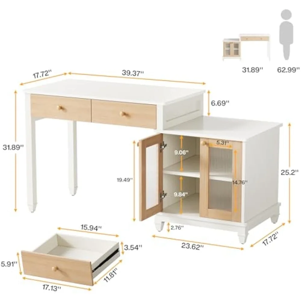 Meja Kantor dengan Penyimpanan, Meja Komputer Besar Modern dengan Laci dan Ruang Printer, Workstation Meja Tulis Belajar yang Dapat Dibalik