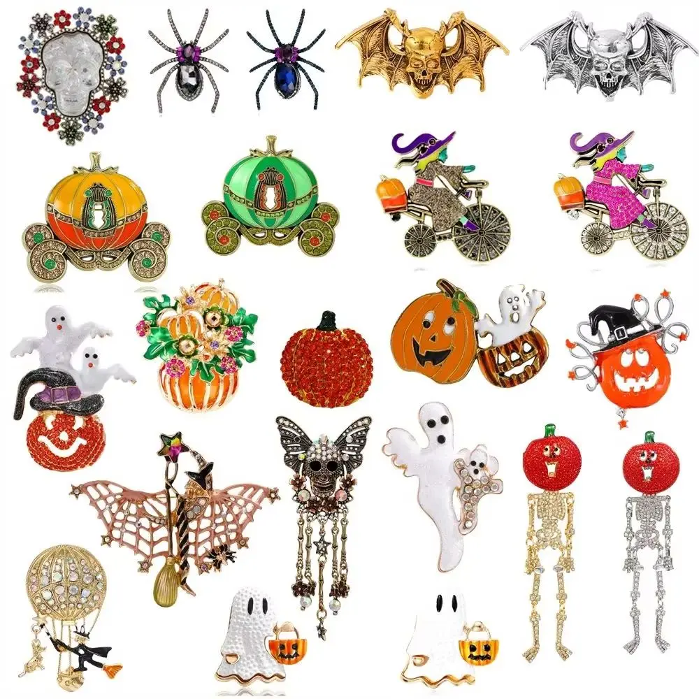 Vintage Halloween Pumpkin Cart Skeleton Bat Ghost Metal Pin Costume Backpack Accessories Decoration Jewelry