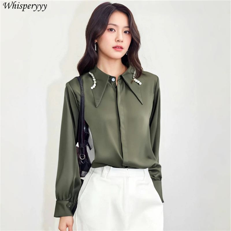 Fashion Pearl Collar Design Sense Shirt Woman Solid Color Long Sleeve Tops Casual Camisa Feminina Turn-down Collar Blouse