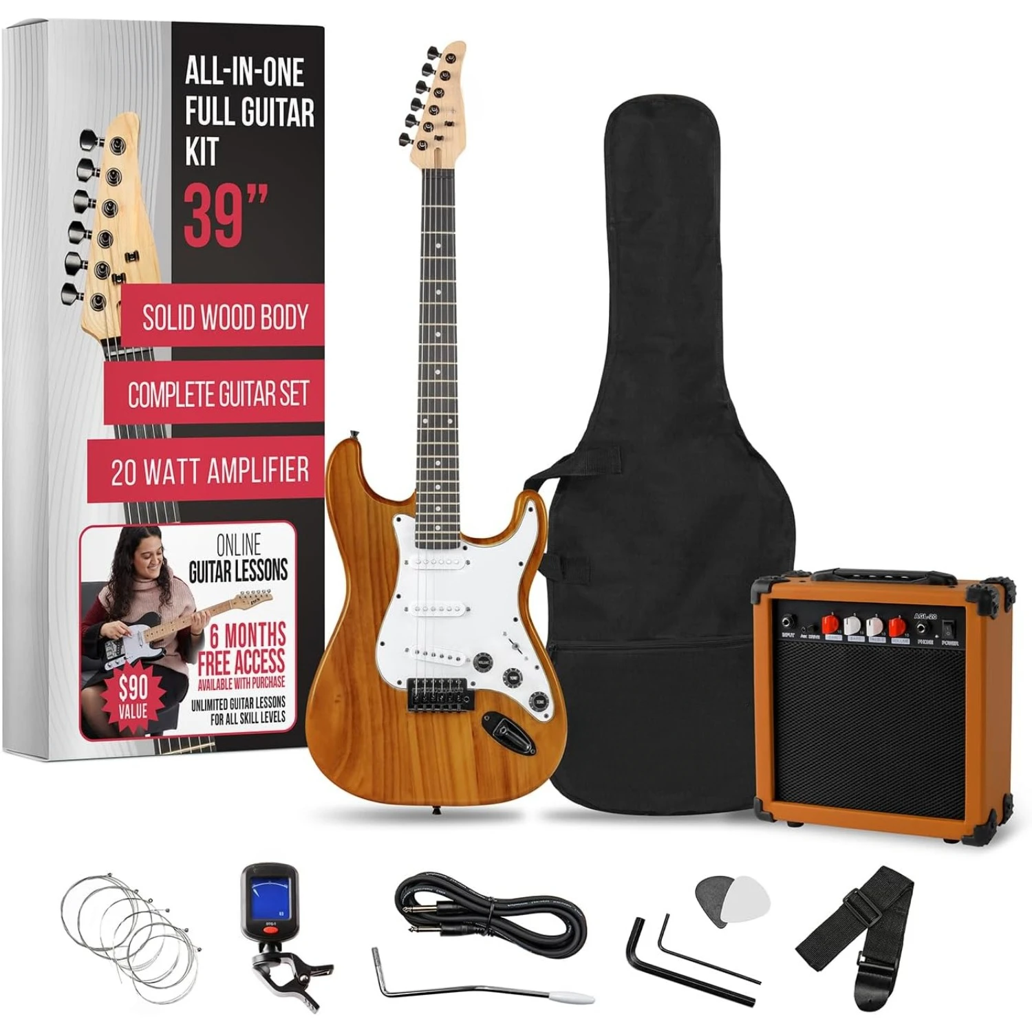 

39 inch Electric Guitar Kit Bundle with 20w Amplifier, All Accessories, Digital Clip On Tuner, Six Strings,Two Picks,Tremolo Bar