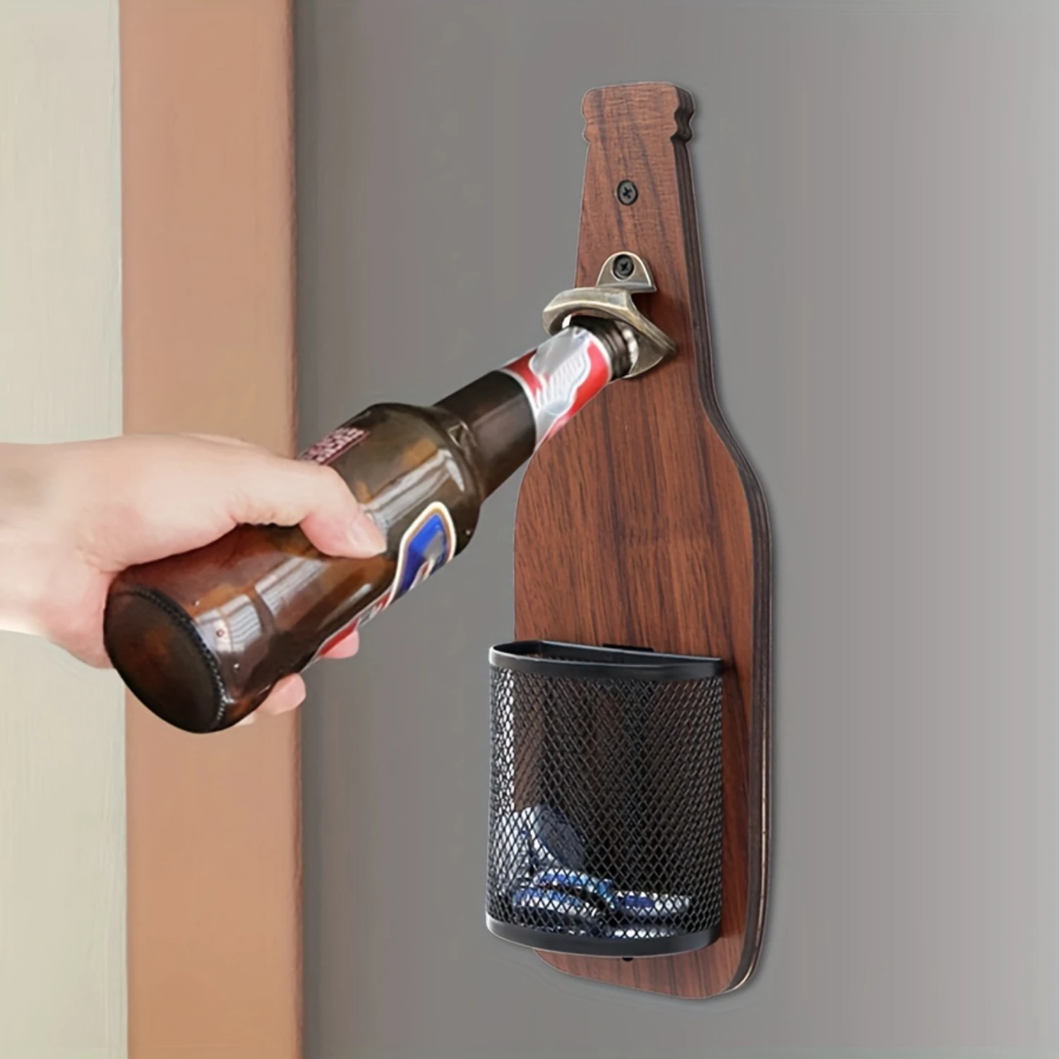 1pc Rustic Wooden Beer Bottle Opener Wall Mount - Effortless  Catcher for  &  Decor, Adds Charm to Your Entertainment Space