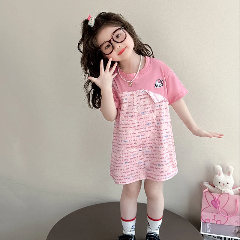

Sanriou Dress Hello Kitty T-Shirt Skirt Girl Clothing Child Fake Two-Piece Strap Skirt Cotton Anime Cartoon Festival Gift