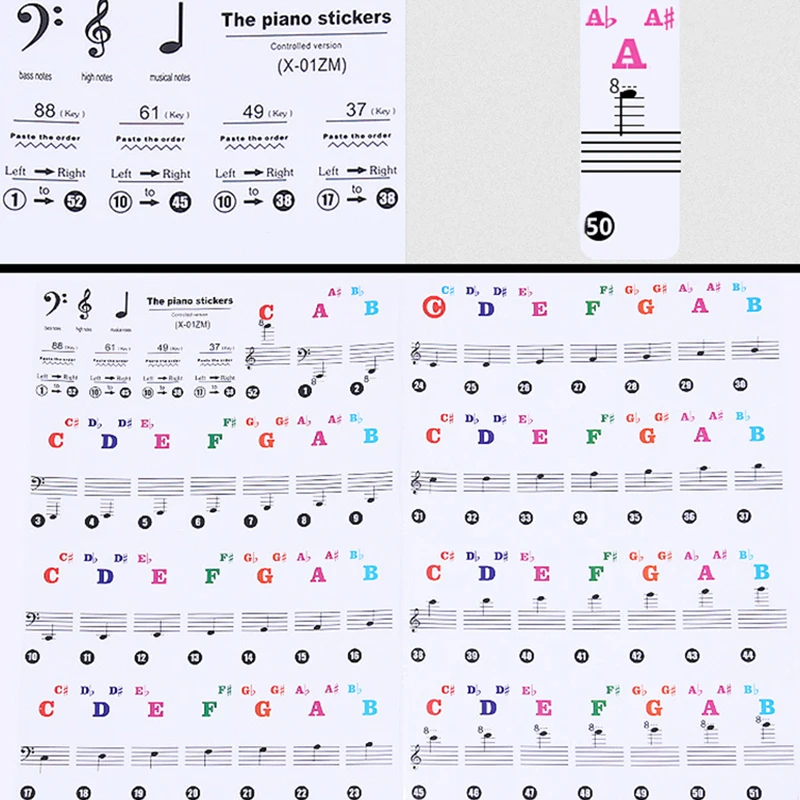 Decal Piano Stickers 37*11mm Transparent PVC Digital Keyboard Removable Reusable Multicolor Notes For 37/49/88/61/54 Keys