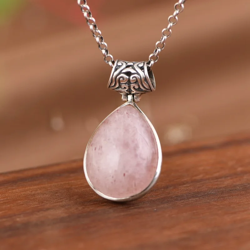 New S925 Pure Silver Jewelry Wholesale Simple Design Inlaid With Water Drop Strawberry Crystals Pendant Selected Gifts