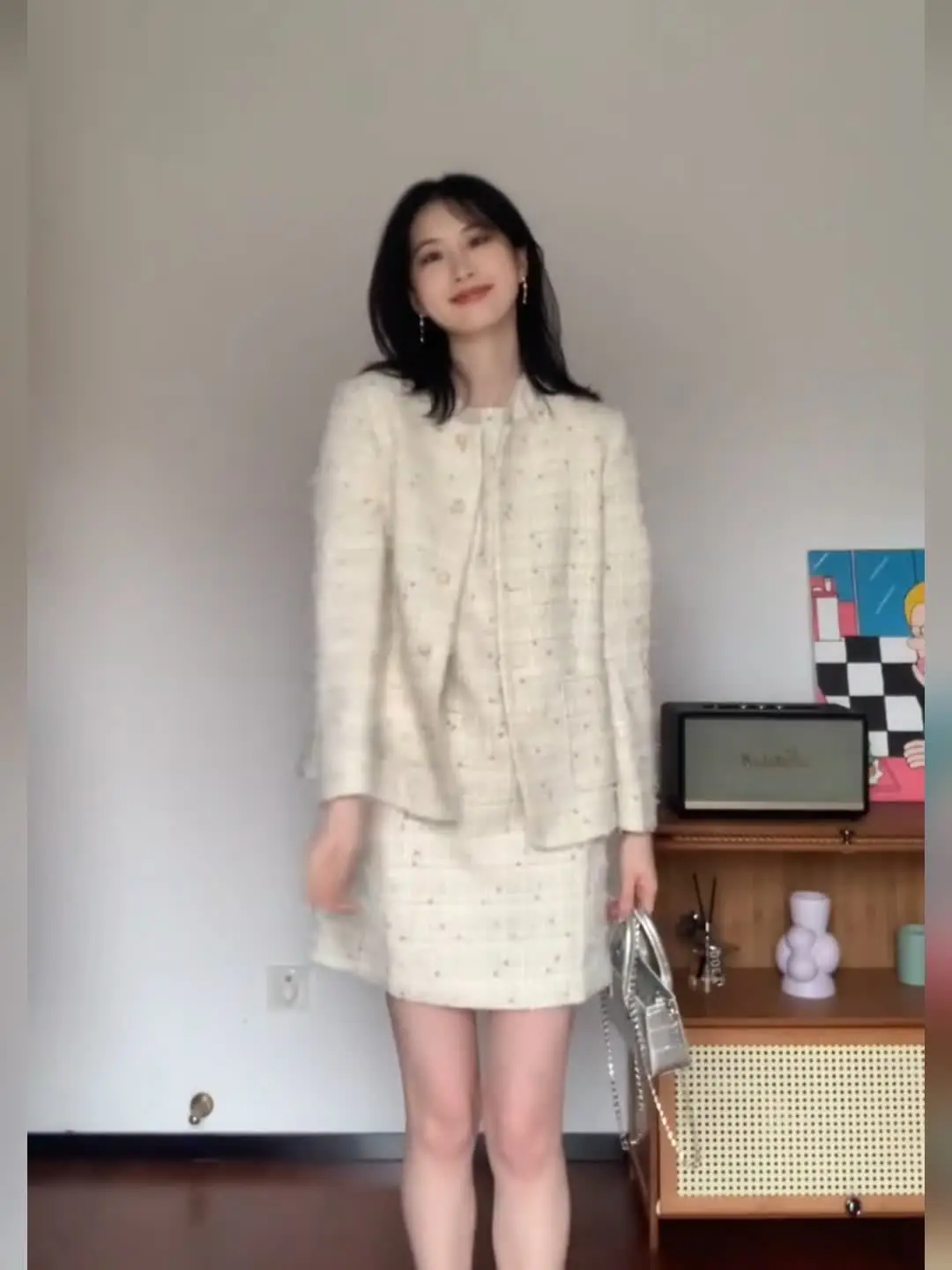 

Осеннее элегантное французское насыщенное платье для девочек, твидовое короткое жакет с короткими рукавами, утягивающее мини-платье трапециевидной формы, комплект из двух предметов, женская одежда