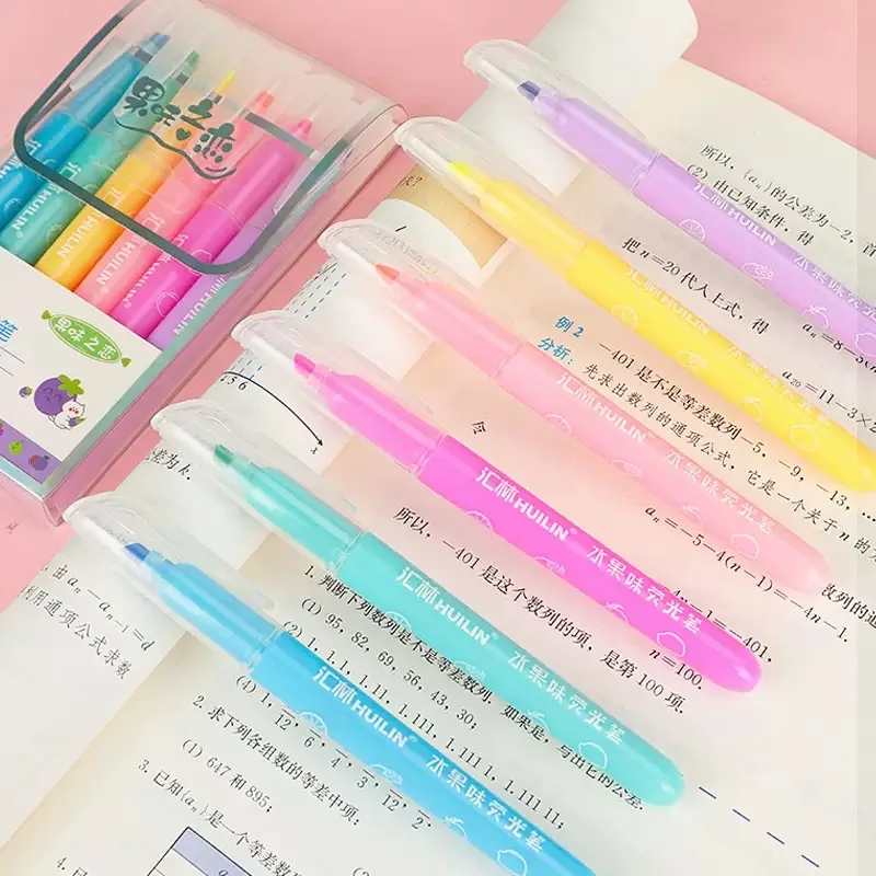 6pcs/set Colored Fruit With Light Taste Fluorescent Pen Student Marker Key Marker Hand Account Drawing Brush