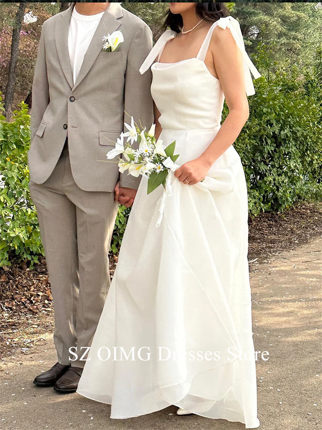 OIMG-vestidos de novia coreanos sin mangas, fruncidos, tirantes finos, hasta el suelo, elegantes vestidos de novia de campo marfil, vestido de novia Formal