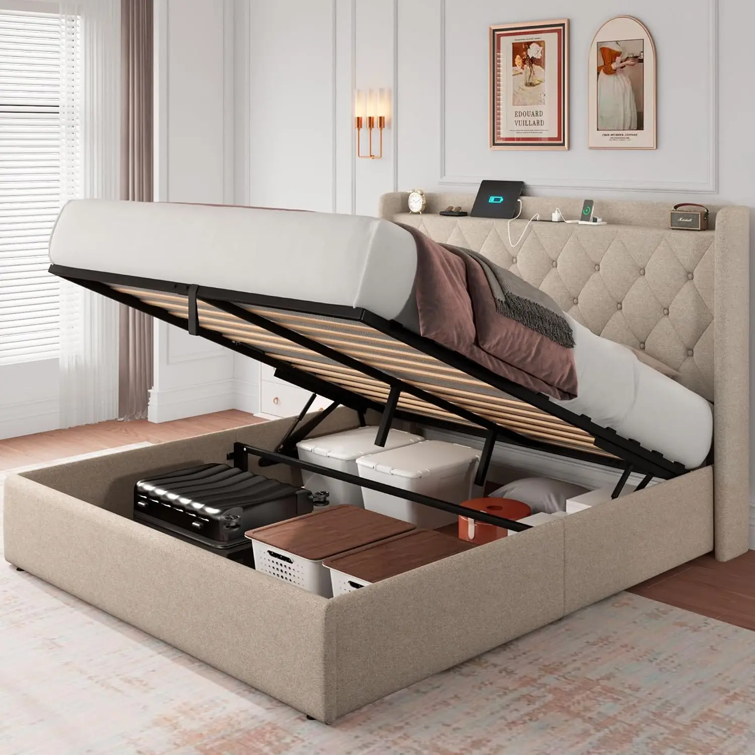 Queen Upholstered Platform Bed Frame with Lift Up Storage, Charging Station, Tufted Headboard, Hydraulic Lift, No Box Spring, No