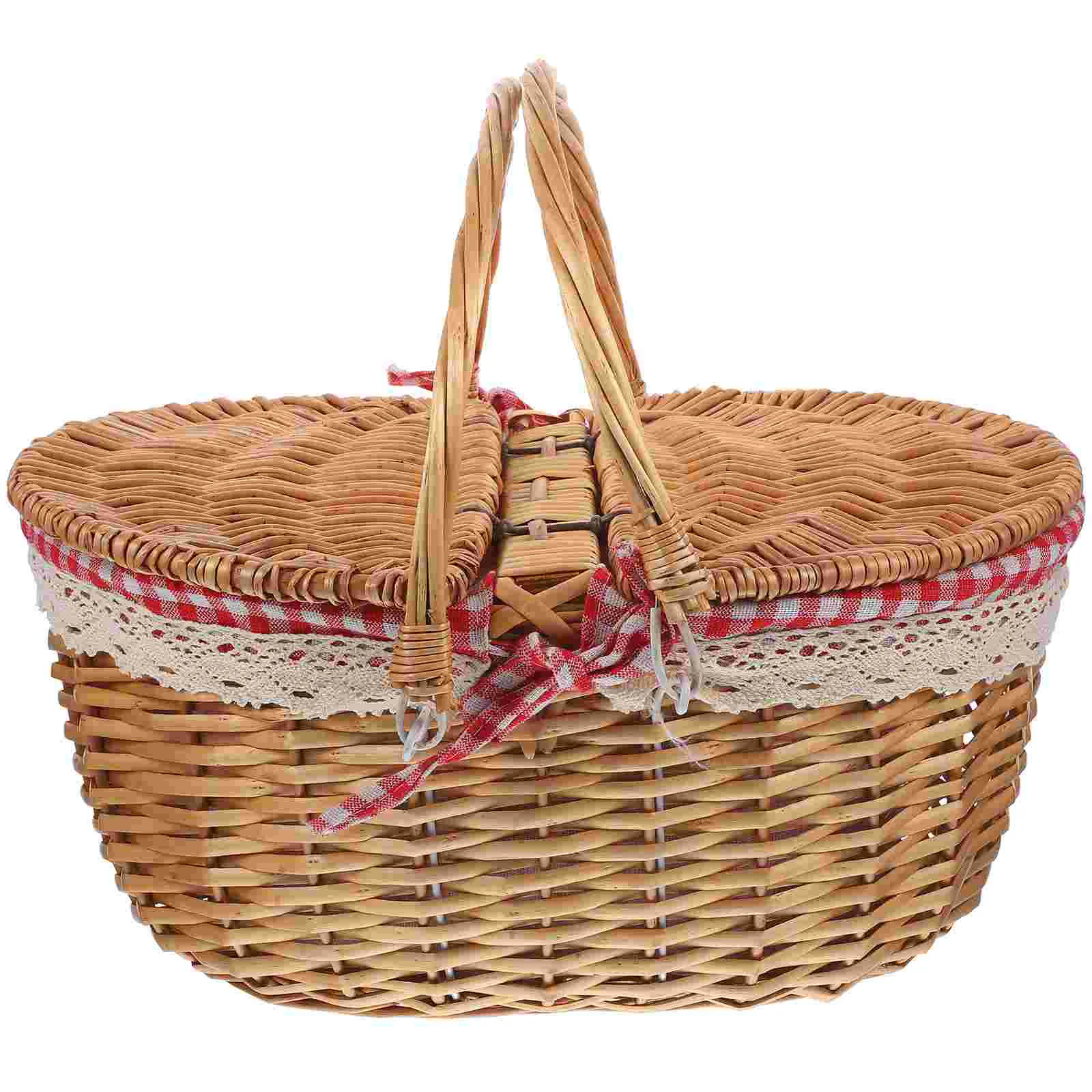 Wicker Picnic Basket 35x25x17cm Red Check Storage Lid Handles Portable Cute Baskets Gifts Home Decor Rustic Woven