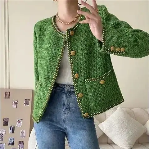 Jaqueta de Tweed cortada feminina, casaco verde com botões, estética elegante e chique, tendência curta, moda coreana, inverno, outono, 2024