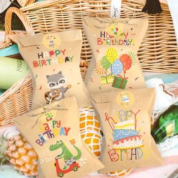 24 ensembles de sacs en papier Kraft de remerciement, mignon arc-en-ciel Dino, pochette cadeau joyeux anniversaire, sac à cadeaux de fête à fleurs rétro, fournitures de bonbons et de biscuits