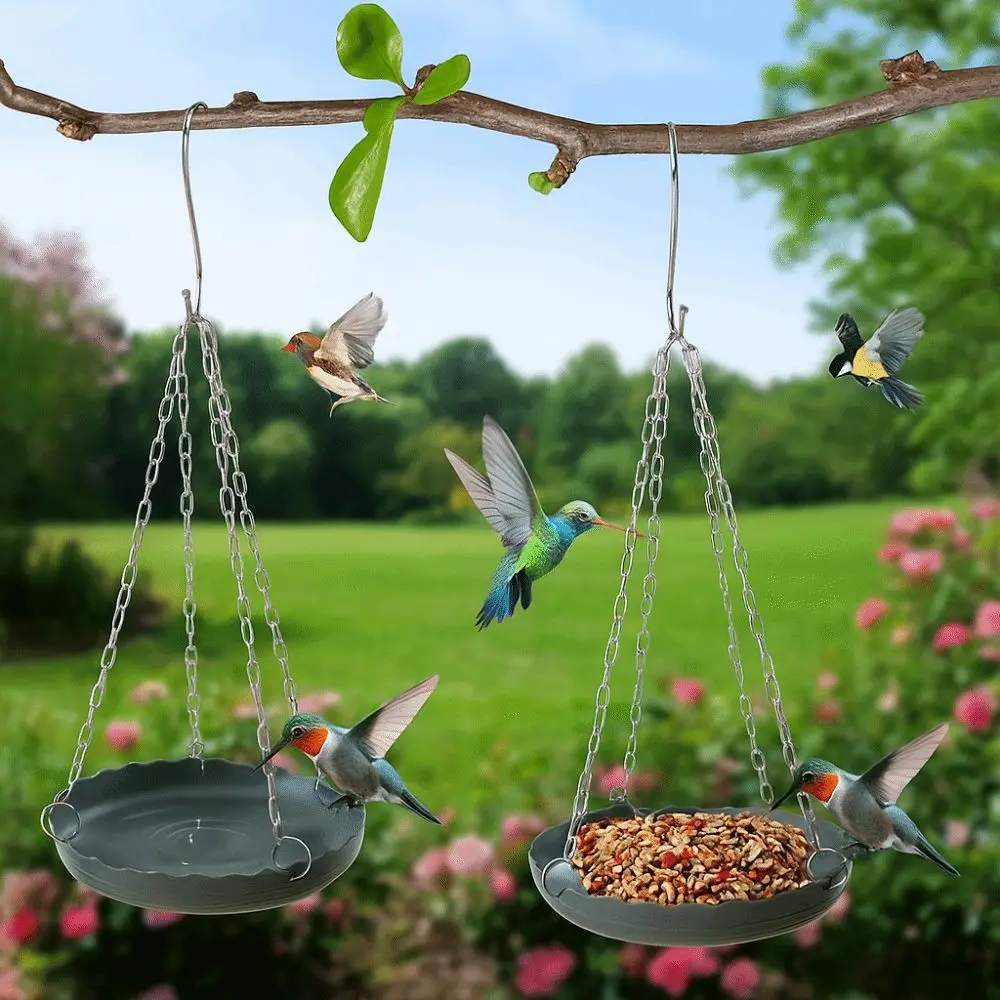 Multifunctional Adjustable Bird Feeding Tray Plastic Bird Water Bowl Hanging Bird Bath with Chain Bird Food Dispenser Tree