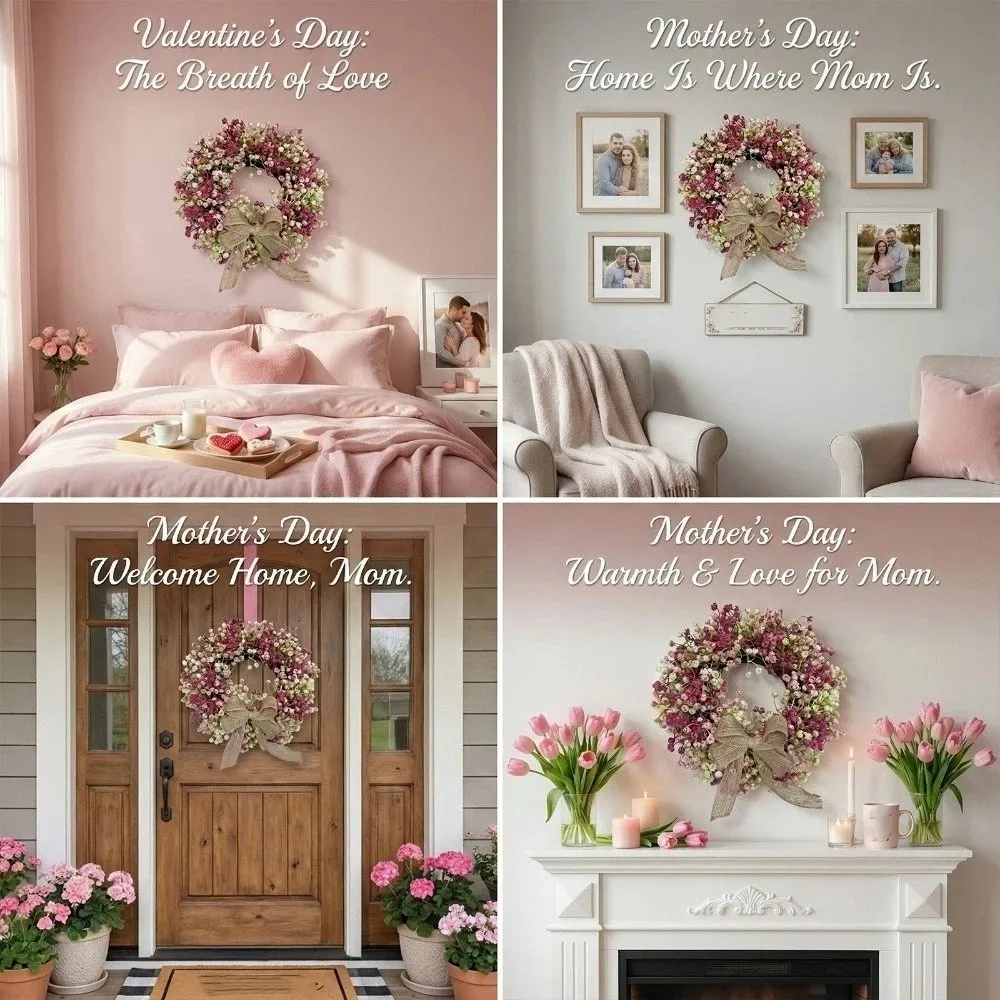 Round Shape Colorful Eucalyptus Wreath Lifelike with Bow Spring Flower Wreath Vivid Colors Handmade Simulated Plant