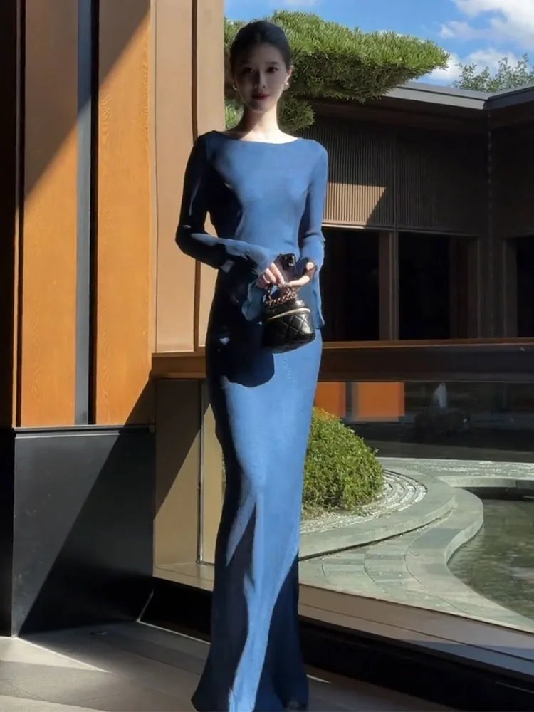 

Ele Blue Formal Dr Spring High Waist A-Line Skirt Long Sve High Quali Polied Spring Season Women's Dr