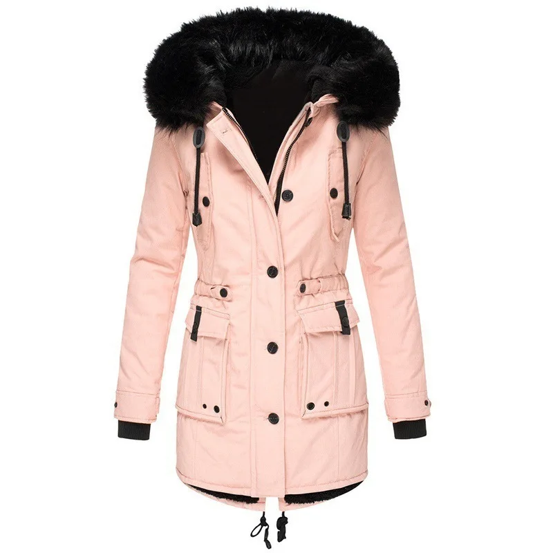 Winter Fur Collar Hooded Cotton Jacket Outwear Women Loose Solid Down Coat Puffer Jacket Thick Warm Fleece Lined Padded Parka