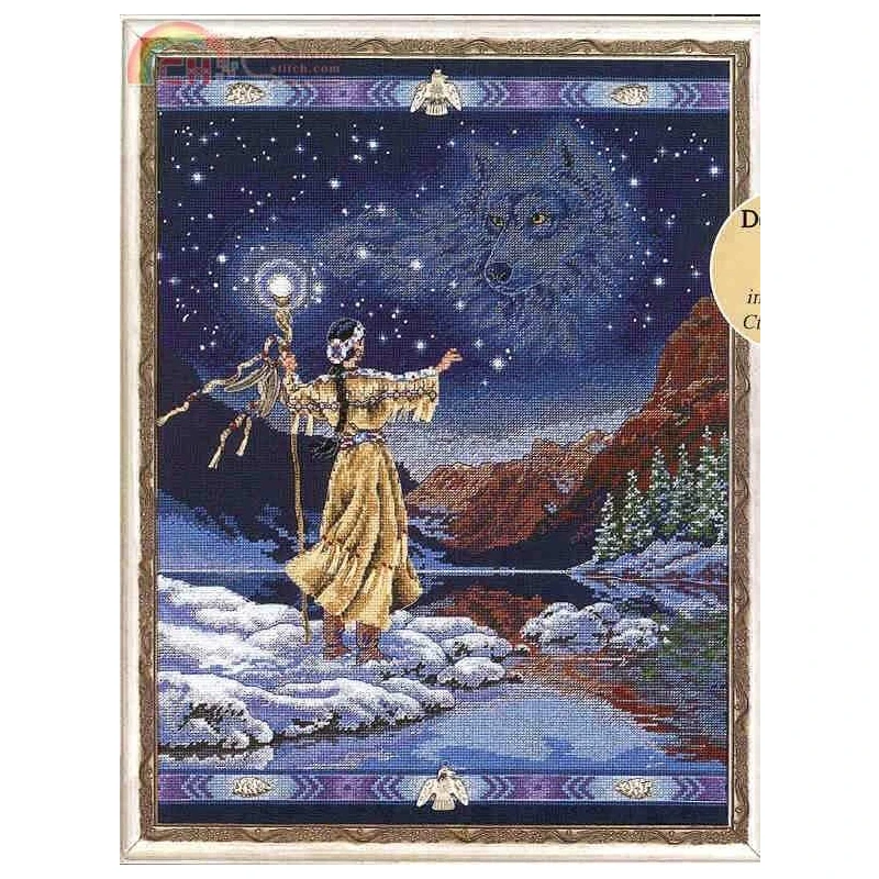 Amishop Counted Cross Stitch Kit, Kindered Spirits Spirit, Wolf, Eagle, Starry Night, Lake, Dim 72540, Top Quality, Beautiful