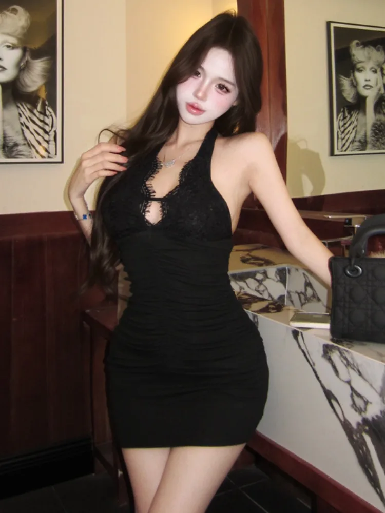 Black Sequin Backless Neck Hanging Dress Women's Winter Body Shape Pure Desire Short Skirt Korean Style Slim Fit Casual Spring view 2
