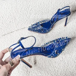 Studded Skinny Heels Pvc Sandals Women Summer Luxury Colorful Gems Clear Shoes Female Sweet Pointy Ankle Strap Banquet Sandals