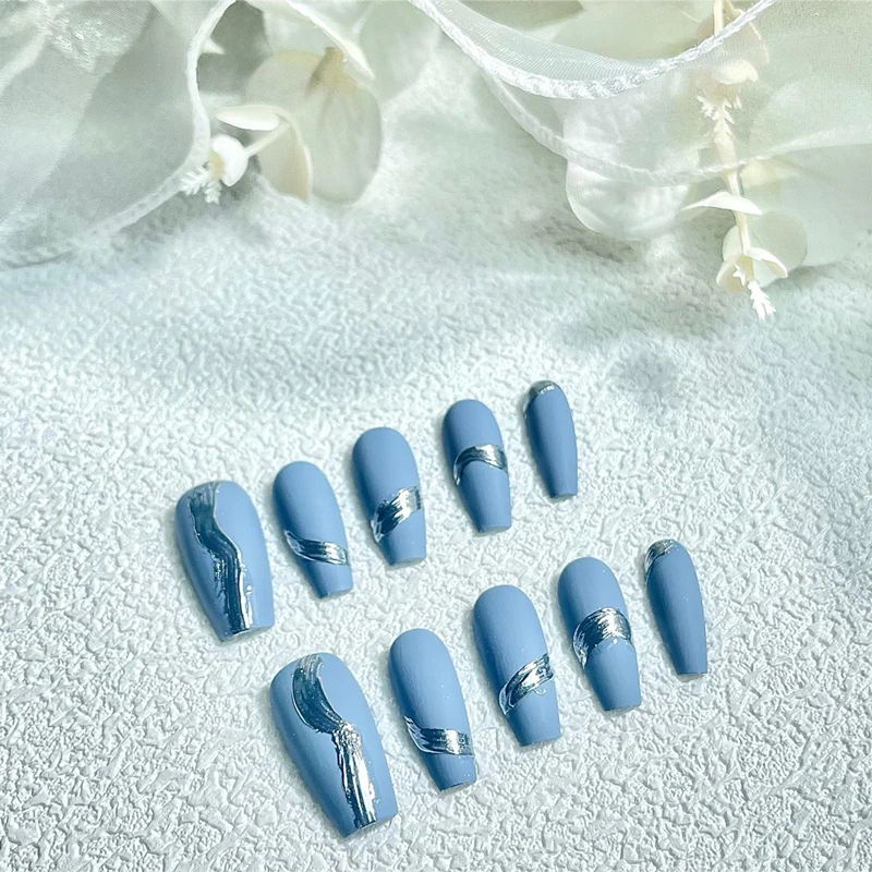 Fresh Handmade Press on Nails Long Coffin Design Blue Fake Nails Literary Manicuree Nail Art Kit Metallic Element Finger Tips