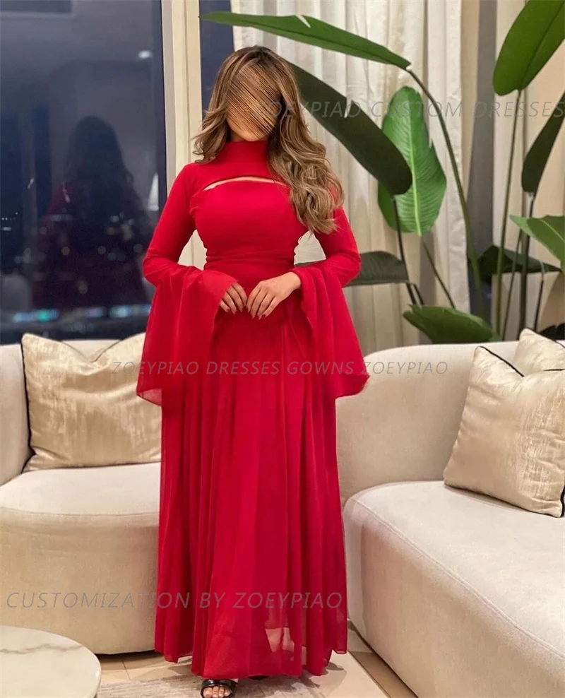 Formal Dress Elegant Red Chiffon A Line Evening Dress Long Sleeves High Neck Custom Made Arabic Formal Prom Party Gown 2024