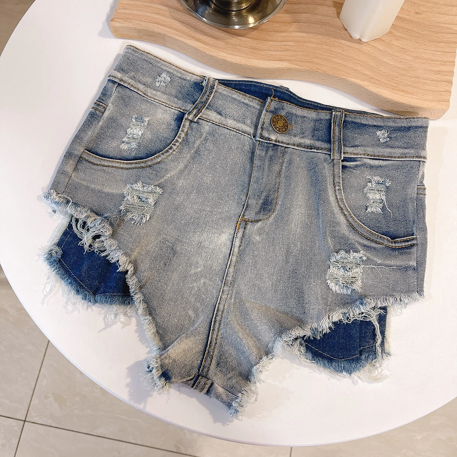 2023 New Summer Women Sexy High Waist Hole Denim Ripped Shorts Night Club Jeans Blue S-xxl