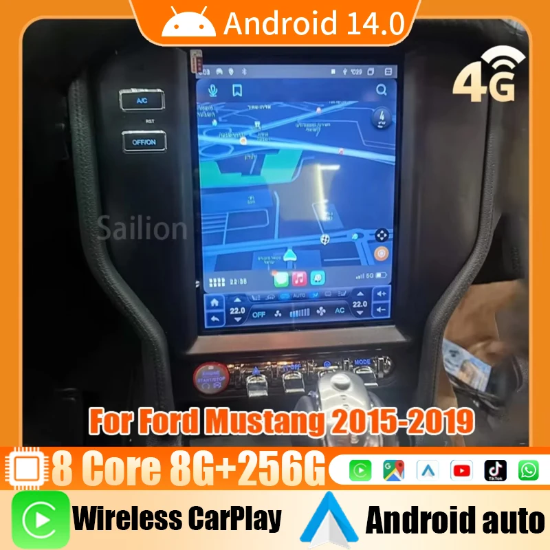 Android 14 For Ford Mustang 2015-2019 Car Radio Automotive Multimedia Tesla Style Carplay Auto Bluetooth 4G WIFI GPS Navigation