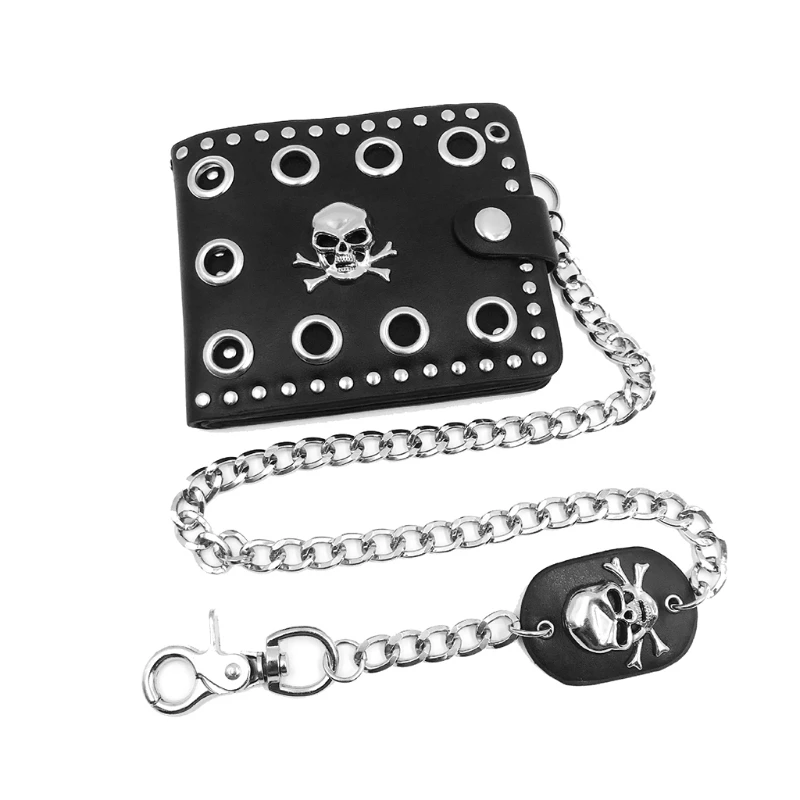 Y166 Leather Cool Punk Gothic Western Skull Clutch Purse Wallets With Chain For Men