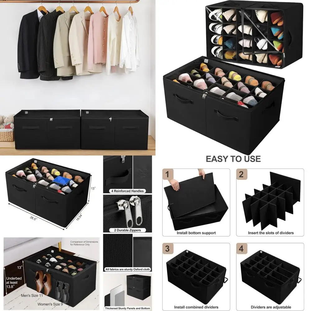 

2-Pack Foldable Shoe Organizers with Clear Lid, Adjustable Dividers, and Reinforced Handles for 40 Pairs, Black Closet Storage