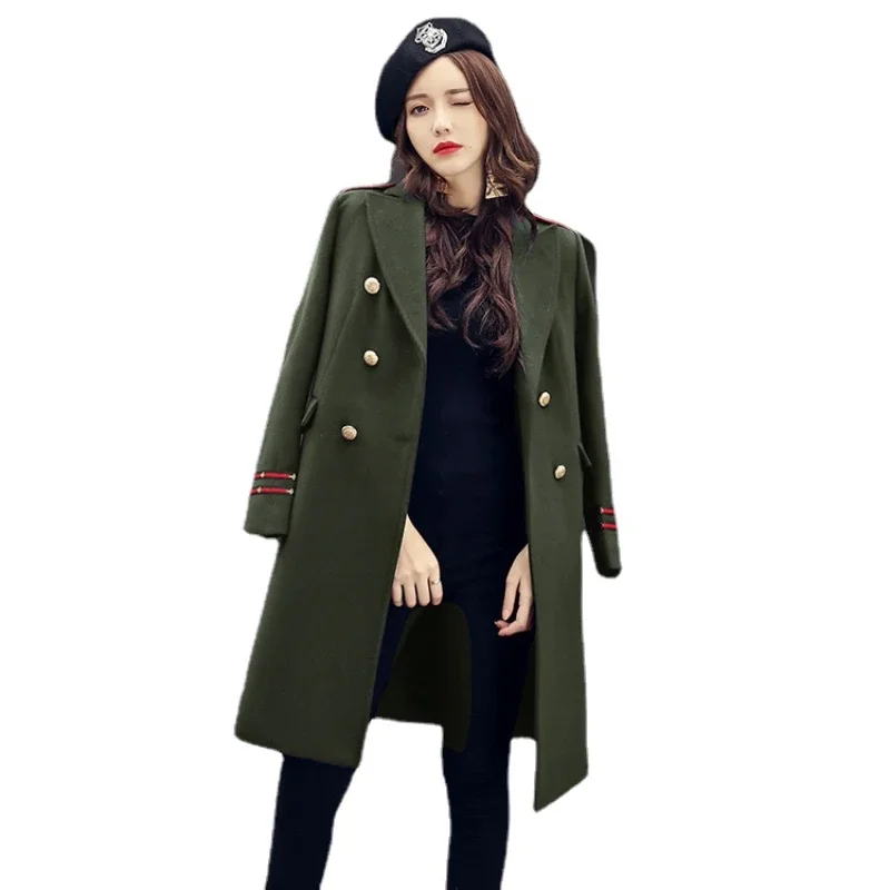 New In Fashion Double Breasted Winter Coat Female Thicken Warn Overcoat Military Green Woollen Long Coat Women