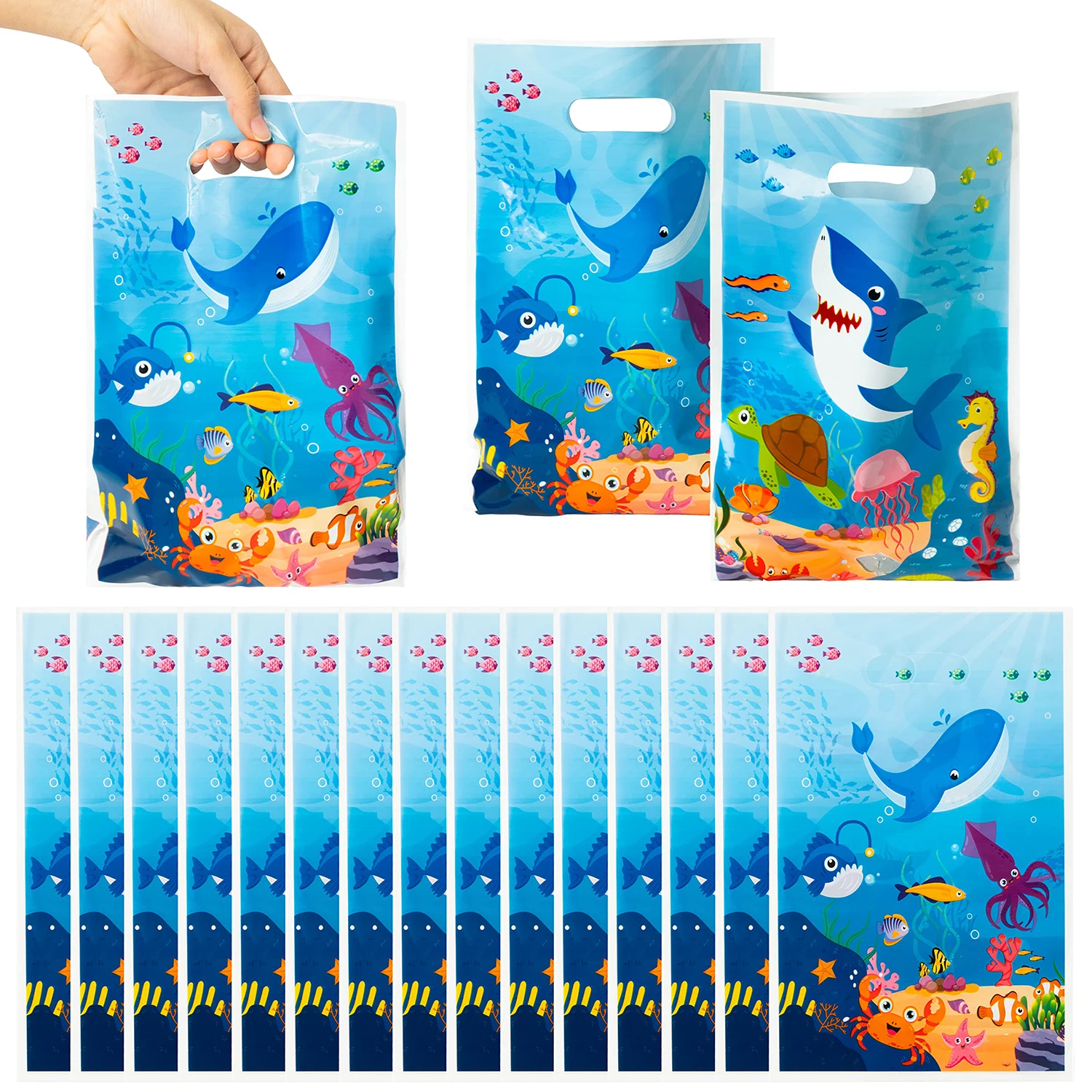 50Pcs Animal in the Sea Party Favor Bag Marine Life Ocean Themed Goodie Bag with Die Cut Handle Whale Shark Gift Bags Birthday