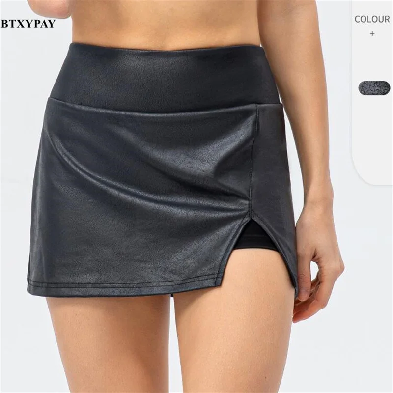 

Women Elastic Quick-dry Wicking Faux Leather MINI Skirt Fake Two- Piece Style Hakama Girl Prevent Exposure Sport Fitness Skirt