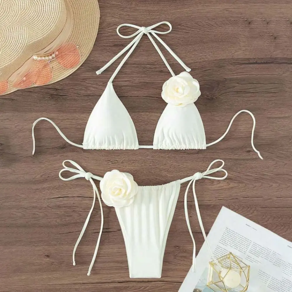 Trajes de baño florales 3D, conjunto de Bikinis de 2 uds., traje de baño, conjunto de Bikini triangular con nudo de flor en la espalda, estilo de chica picante cruzado