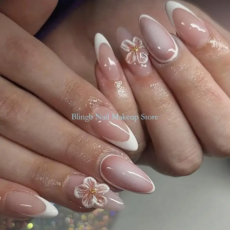 

28TA 24Pcs Flower Fake Almond Press on False Tips Artificial