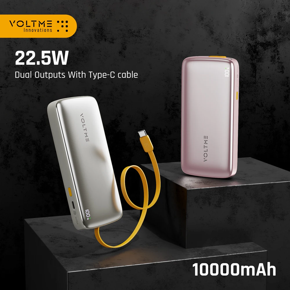 

VOLTME 10000mAh portable power bank with 65cm Built-In Type-C dual USB C ports Fast Charge for iPhone 16 Galaxy S22+ Pixel9