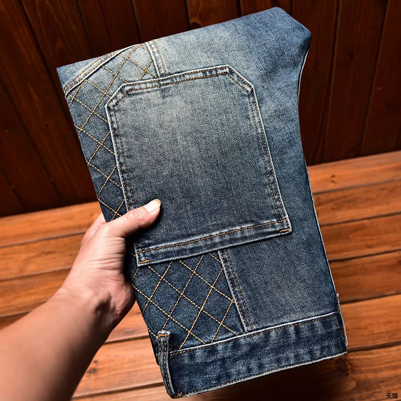 Jeans slim fit bordado masculino, calças compridas para motocicletas, jeans lavado, elástico azul com todos os fósforos, na moda