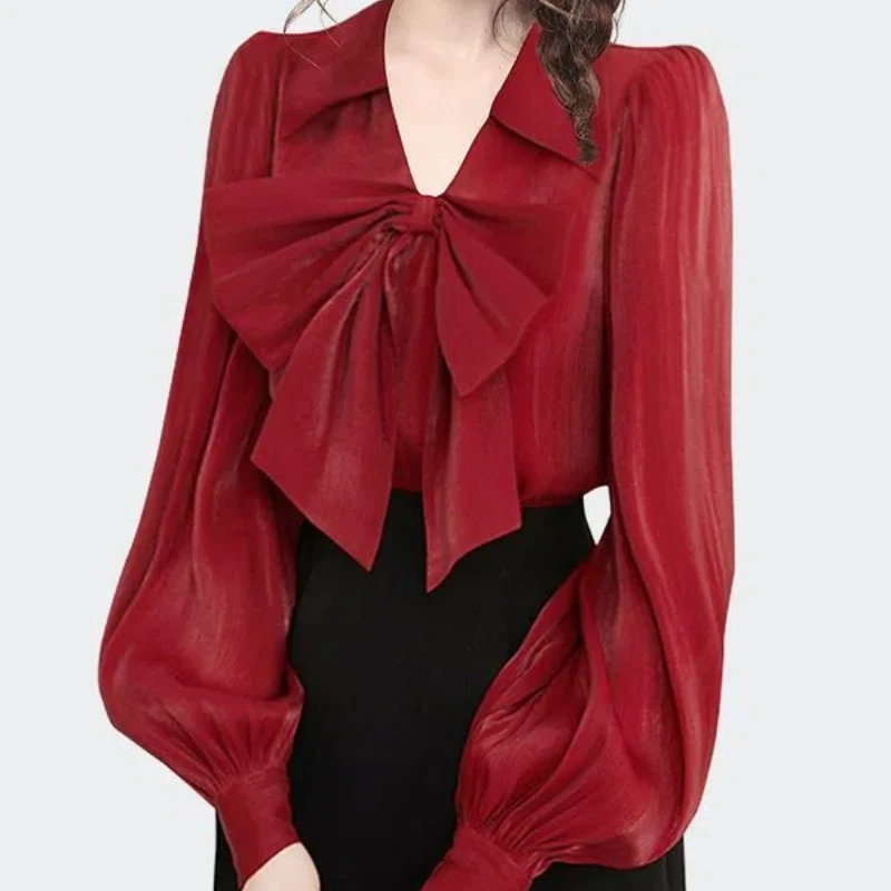 Summer Casual Fashion Elegant Commuter Solid Color V-neck Loose Lantern Sleeves Satin Bow Princess Wind and Snow Spinning Shirt