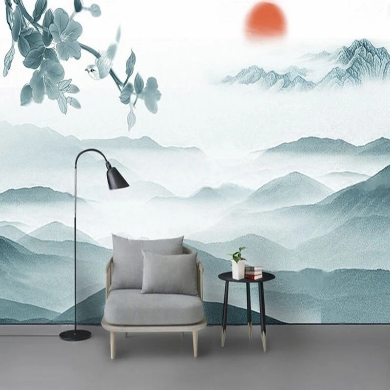 Simple 3D Marble Pattern Landscape Painting Of Sunrise Over The Mountains And Rivers With A Background Of A Beautiful Scenery