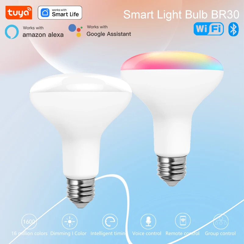 

Tuya Wifi Smart Bulb E26 BR30 Lamp RGB Color Changeable Dimmable Light 10W 110V 220V APP Control For Alexa Google Home Decor