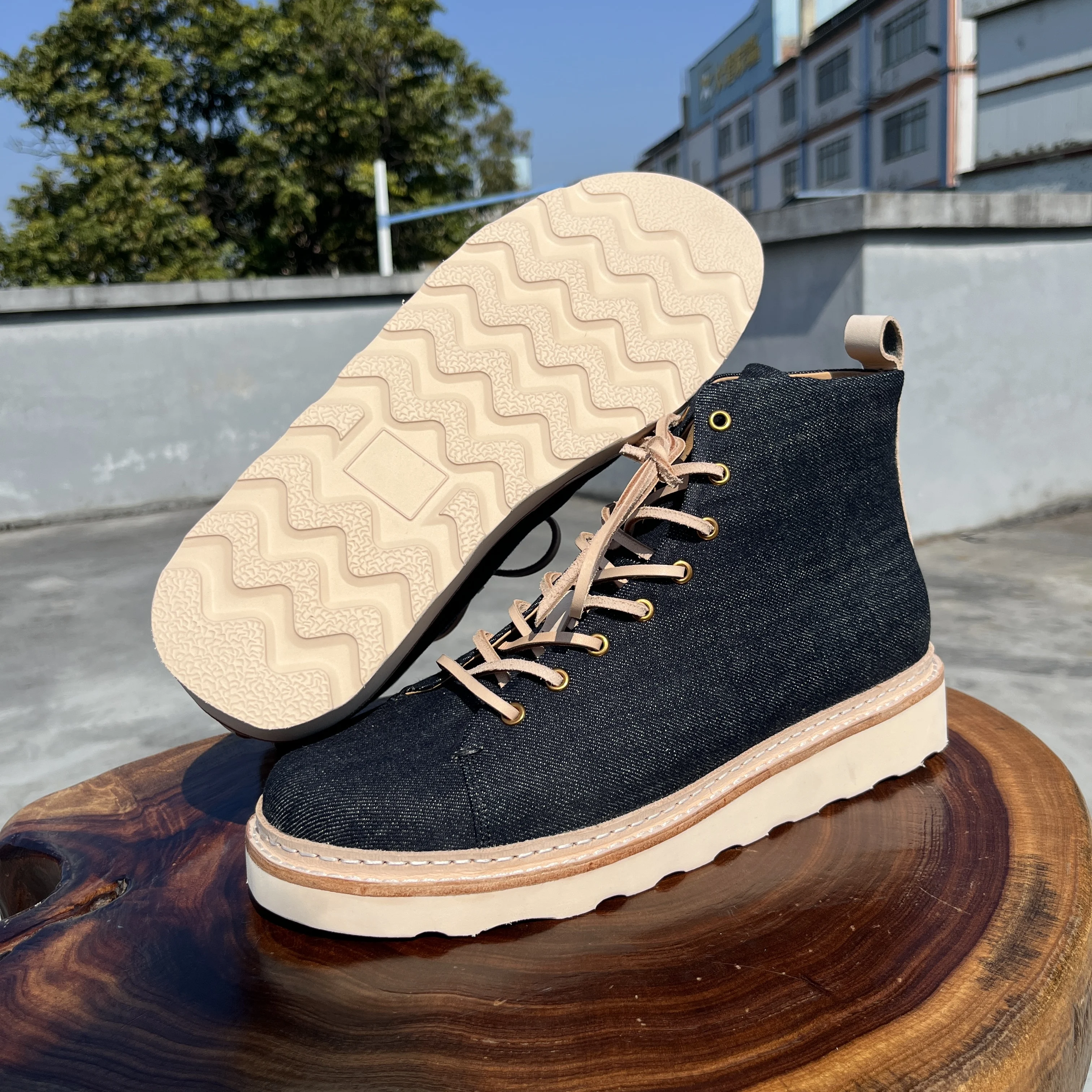 AL520 RockCanRoll Super Quality Raw Denim Fabric Genuine Italian Veg Tanned Cow Leather Handmade Goodyear Welted Boots