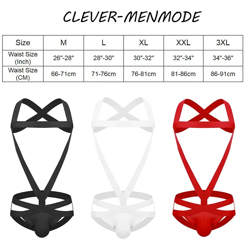 CLEVER-MENMODE Men Sexy Leotard Underwear Bodysuit Strap ThongElastic Bondage Jockstrap Harness Halter Neck One-Piece Costume